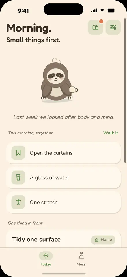 Moss app: the morning screen with three small anchors and a sloth holding a mug